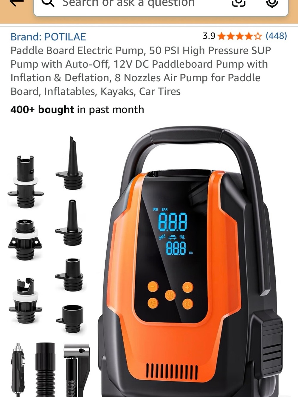 Paddle Board Portable Electric Air Pump - High Pressure 50 PSI